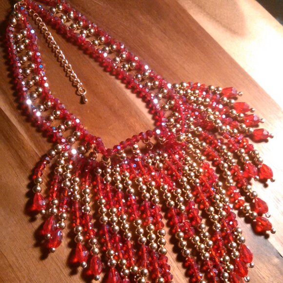 Red Glass and Beaded Waterfall Goldtone Necklace - Picture 5 of 16